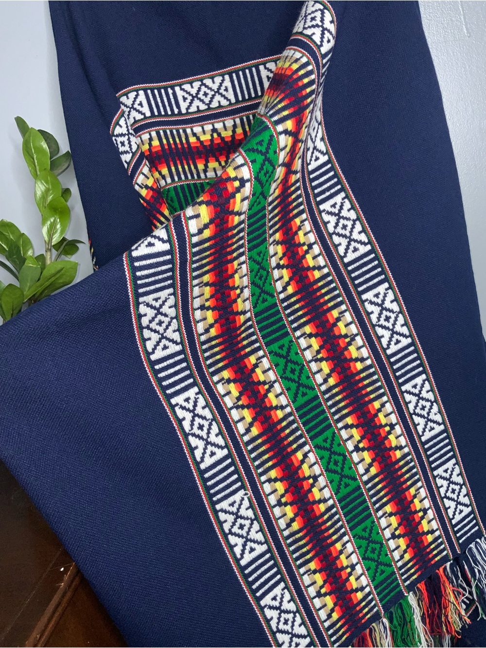 Navy Aztec-Pattern Fringe Poncho - Women's Accessory - Picture 10 of 11